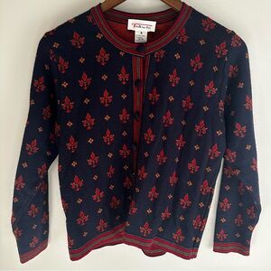 Vintage Talbots Wool Blend Fleur-de-lis Patterned Cardigan Royal Blue Women’s Sm